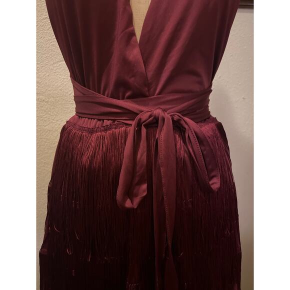 Deep V-Neck Cross Back Fringed Skirt Romper Jumpsuit Burgandy Size L - Picture 4 of 16